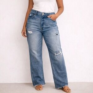 High Rise Wide Leg Jeans Distressed Blue Kancan Raw Hem Denim 13/30